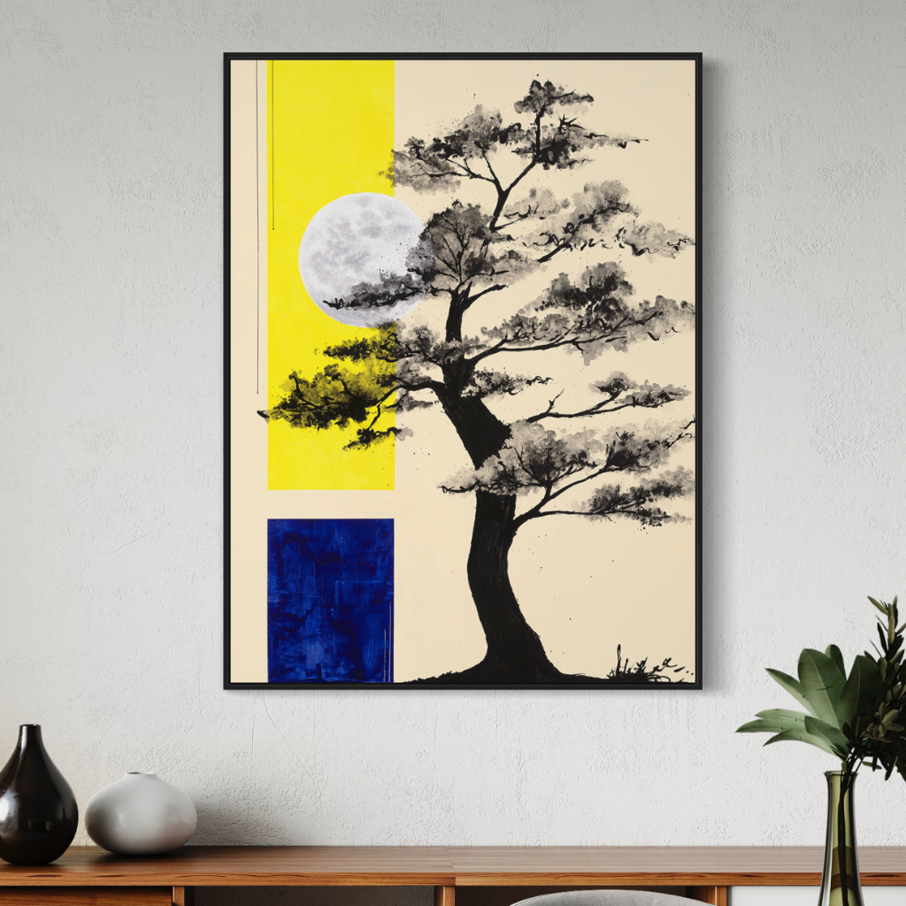A delicate yet sophisticated painting by Māyā. It perfectly captures the essence of nature's tranquility and the enchanting allure of the night sky. The contrasting shades of yellow and blue form a captivating blend that is both soothing and energizing to the eyes. A perfect addition to any home or office. Displayed on a beige wall with wooden side hall table.