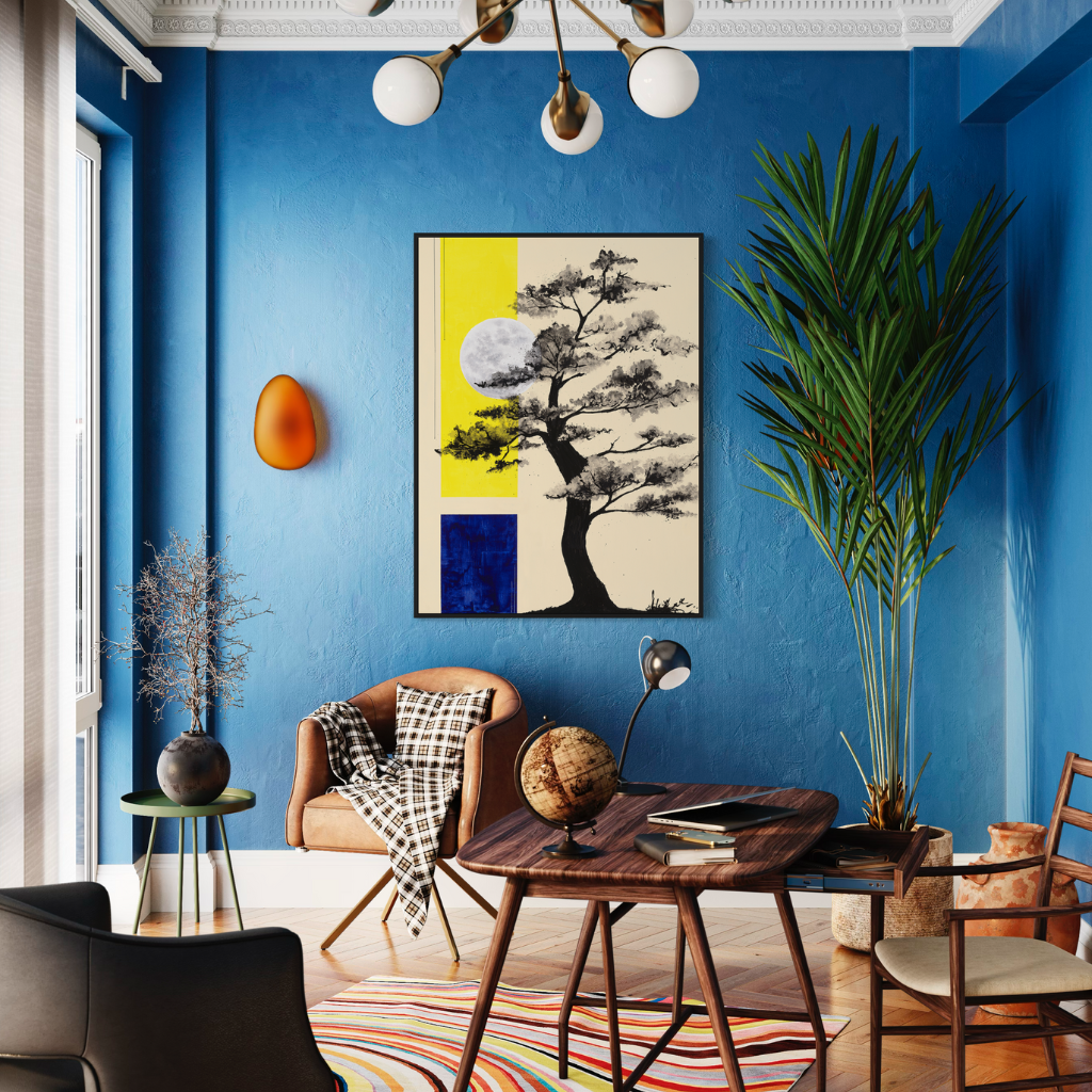 A delicate yet sophisticated painting by Māyā. It perfectly captures the essence of nature's tranquility and the enchanting allure of the night sky. The contrasting shades of yellow and blue form a captivating blend that is both soothing and energizing to the eyes. A perfect addition to any home or office. Displayed on blue wall with wooden furniture.