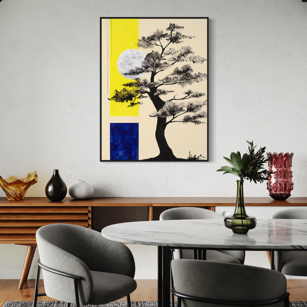 A delicate yet sophisticated painting by Māyā. It perfectly captures the essence of nature's tranquility and the enchanting allure of the night sky. The contrasting shades of yellow and blue form a captivating blend that is both soothing and energizing to the eyes. A perfect addition to any home or office. Displayed on a egg white wall with wooden side table and marble top dining table.