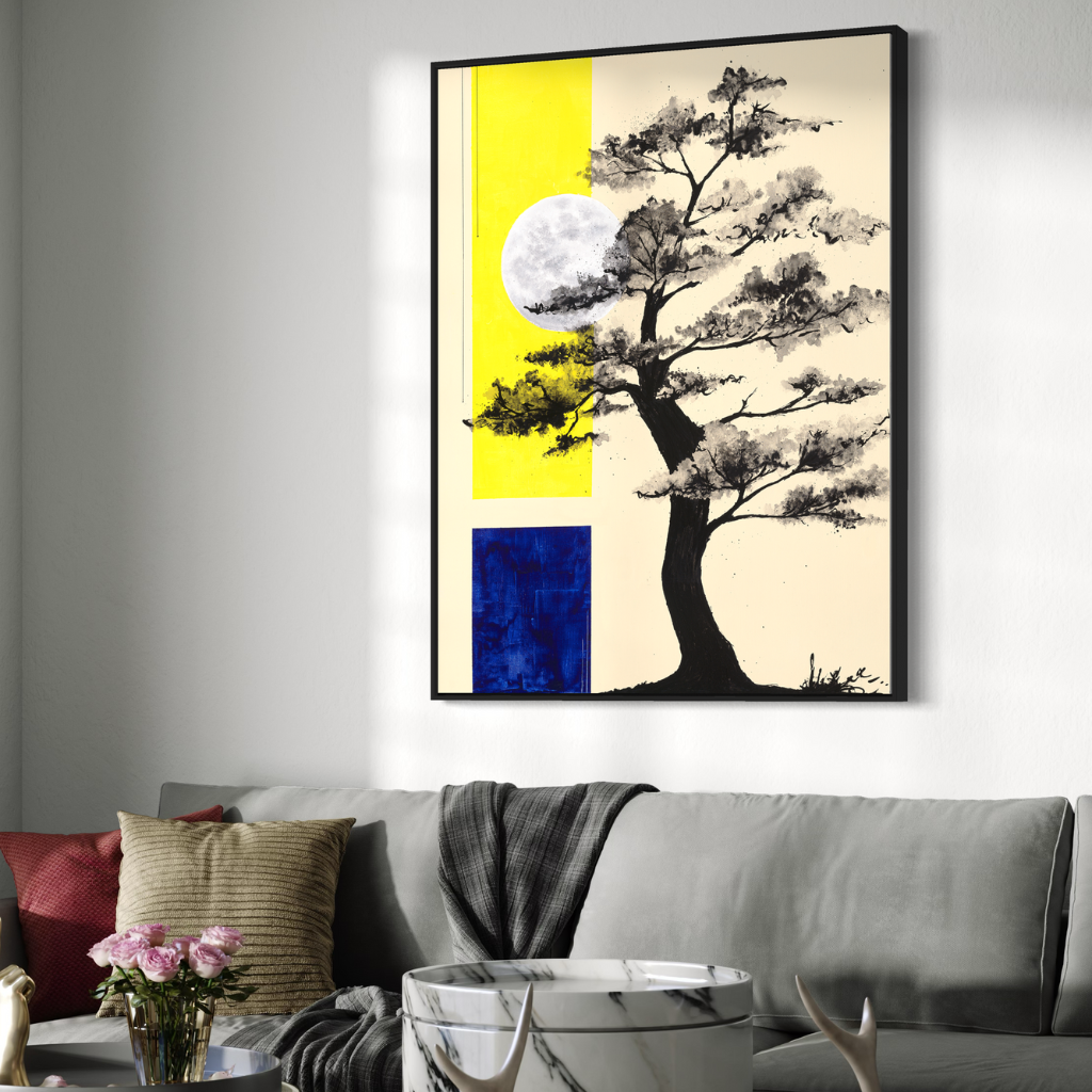 A delicate yet sophisticated painting by Māyā. It perfectly captures the essence of nature's tranquility and the enchanting allure of the night sky. The contrasting shades of yellow and blue form a captivating blend that is both soothing and energizing to the eyes. A perfect addition to any home or office. Displayed on a white wall with grey couch