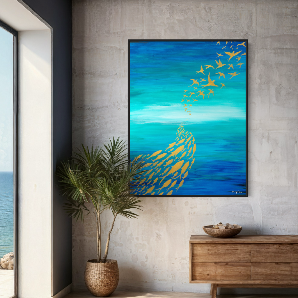 An artwork highlighting the importance of adaptability. “Be a fish in the sea and a bird in the sky”. The contrast of blue and gold will add a touch of sophistication to any space (home or office). Choose from framed or non-framed options for a touch of elegance. Displayed on a raw concrete wall with wooden side table.