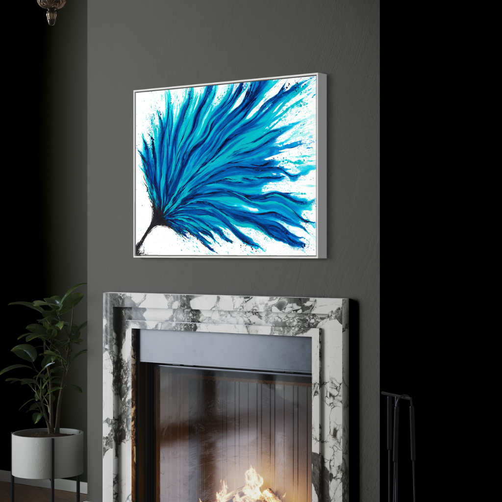 Add a splash of blue to your space with this modern abstract framed canvas print. A perfect addition of colour to any space. Choose from framed or non-framed options for a touch of elegance. Displayed on a light grey wall above the fire place.
