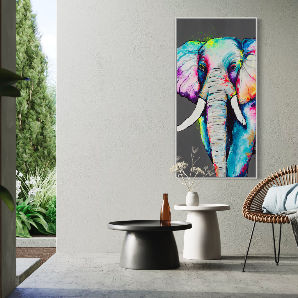 Featuring a majestic elephant in vibrant fluorescent colours, that that brings vibrancy and elegance to your space. Choose framed or non-framed options to match your style and elevate your decor with sophistication.