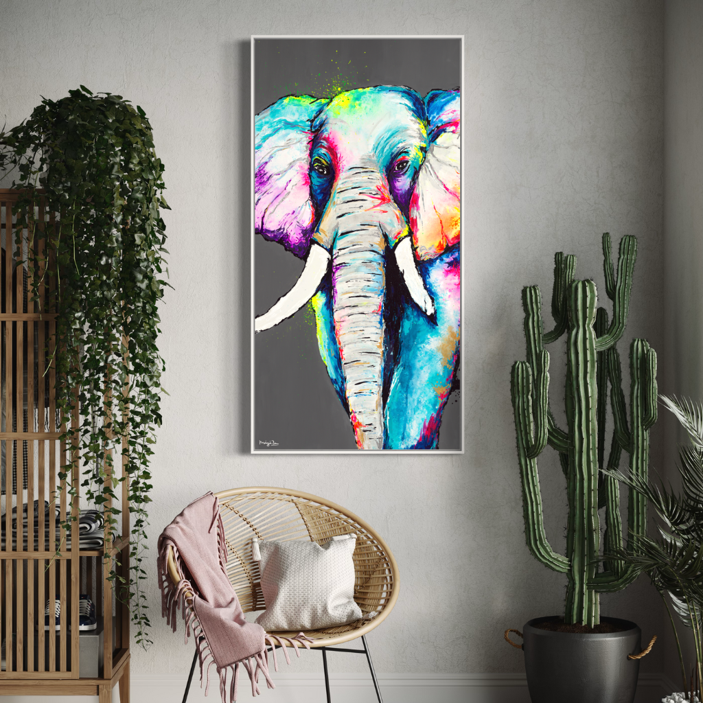 Featuring a majestic elephant in vibrant fluorescent colours, that that brings vibrancy and elegance to your space. Choose framed or non-framed options to match your style and elevate your decor with sophistication.
