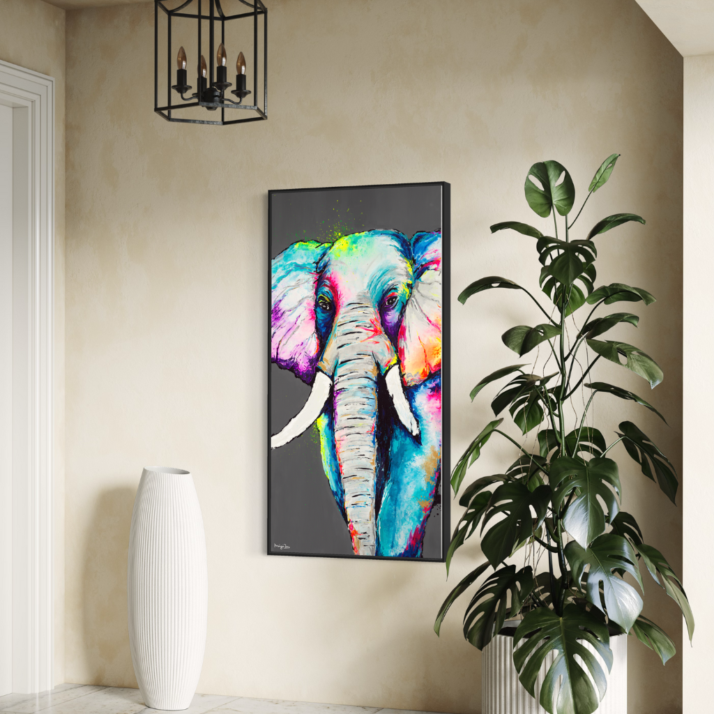 Featuring a majestic elephant in vibrant fluorescent colours, that that brings vibrancy and elegance to your space. Choose framed or non-framed options to match your style and elevate your decor with sophistication.