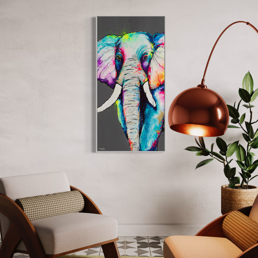 Featuring a majestic elephant in vibrant fluorescent colours, that that brings vibrancy and elegance to your space. Choose framed or non-framed options to match your style and elevate your decor with sophistication.
