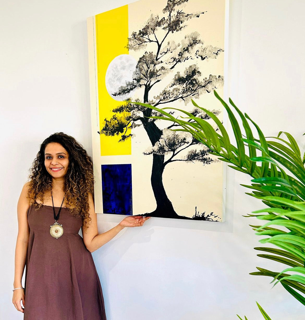 Maya zen art original painting, the zen tree. A traditional full moon night with a tree painted in black and white with an abstract contemporary yellow and dark blue background