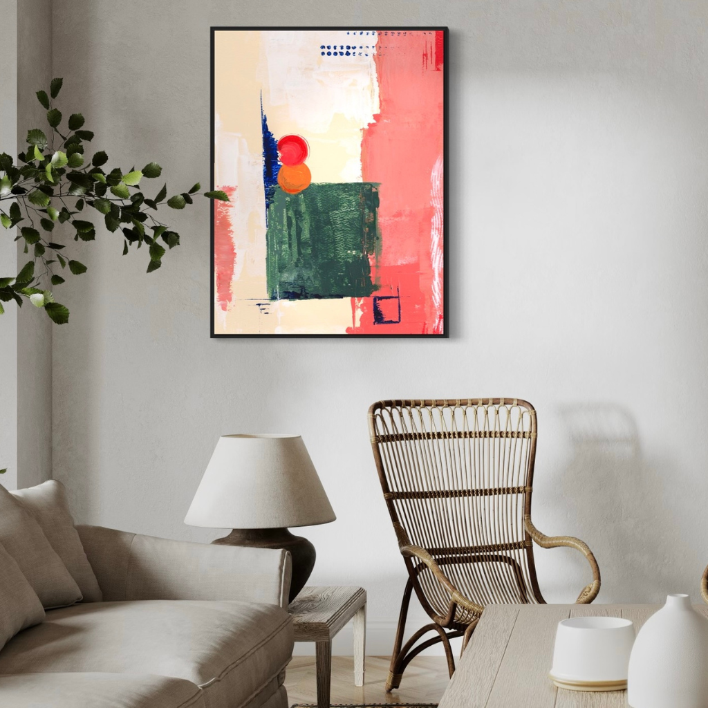 A colourful modern abstract framed canvas print. A perfect addition to any home or office. Displayed on a white wall with white couch.