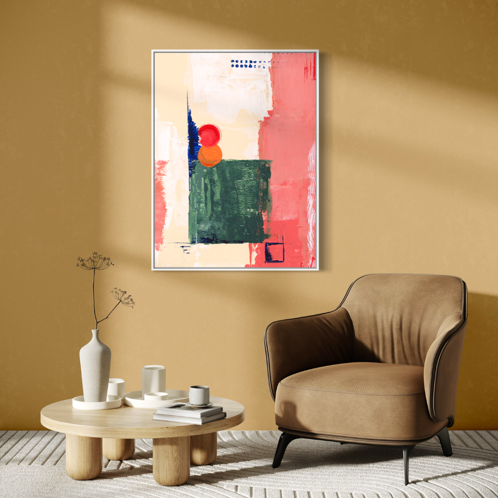 A colourful modern abstract framed canvas print. A perfect addition to any home or office. Displayed on a mustard wall with brown chair