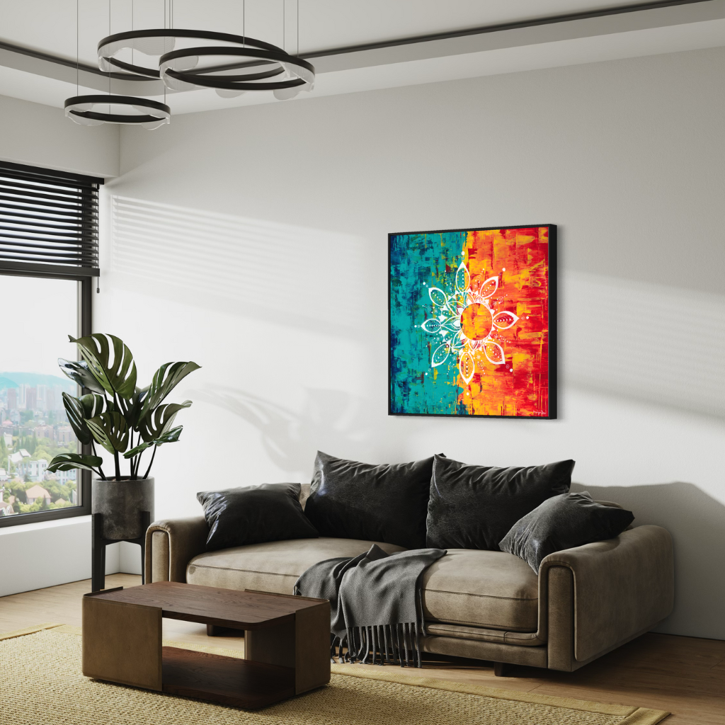 An exquisite Mandala artwork with the vibrant contrast of cool and warm colours. Handcrafted with precision to add a touch of elegance and calm to any space. Choose from framed or non-framed options. Displayed on a white wall with leather couch in a lounge.