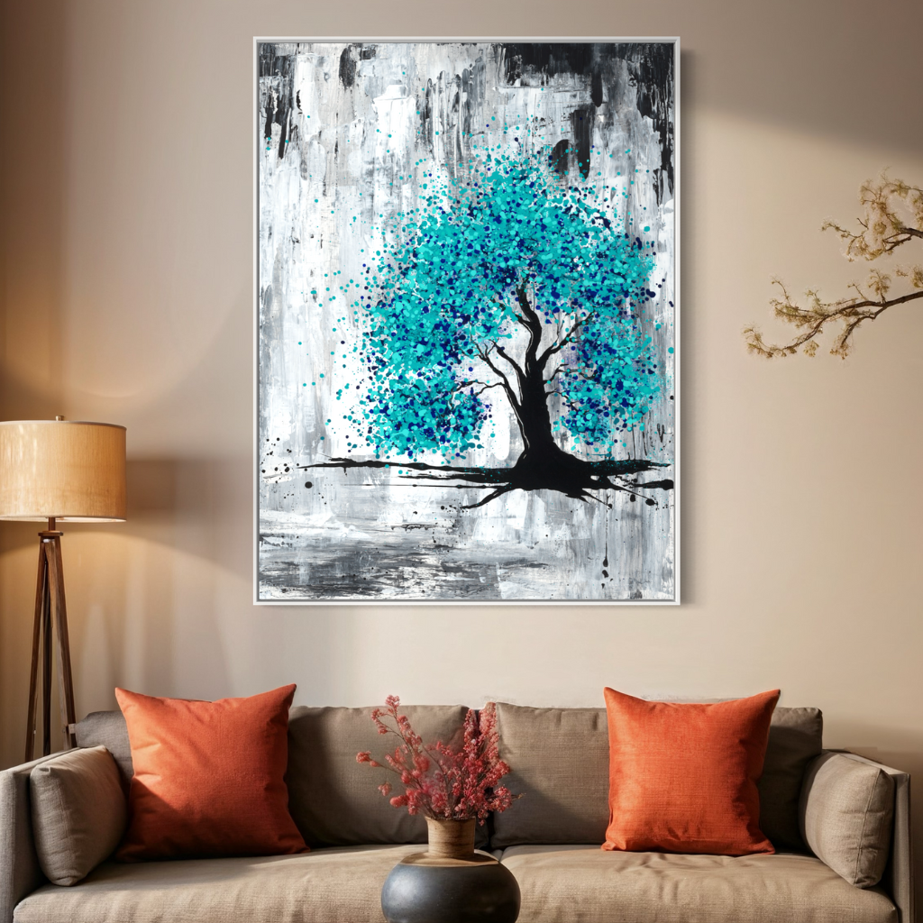 A framed canvas print with burst of blue on a grey and charcoal background, perfectly captures hope in darkness. A perfect addition to fill positivity in any space. Displayed on a beige wall with linen couch and orange pillows.