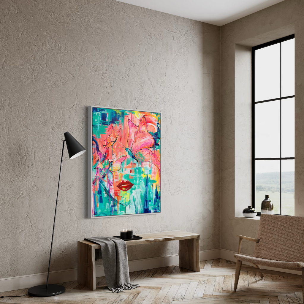 Add a splash of colour to any space with this modern abstract butterfly framed canvas print. A perfect addition to fill positivity in any space. Choose from framed or non-framed options for a touch of elegance. Displayed on a beige textured wall with a large window..