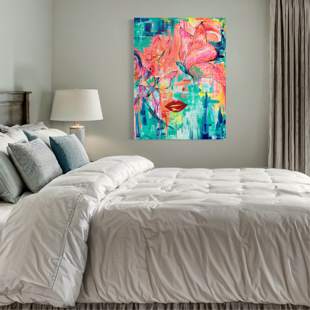 Add a splash of colour to any space with this modern abstract butterfly framed canvas print. A perfect addition to fill positivity in any space. Choose from framed or non-framed options for a touch of elegance. Displayed on a beige wall in the bedroom.