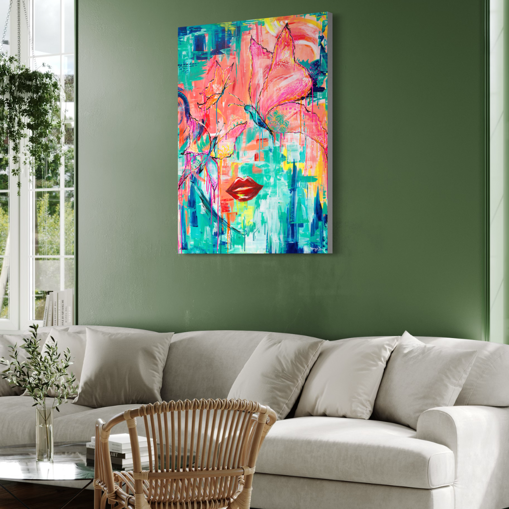 Add a splash of colour to any space with this modern abstract butterfly framed canvas print. A perfect addition to fill positivity in any space. Choose from framed or non-framed options for a touch of elegance. Displayed on a green wall with cream linen couch..
