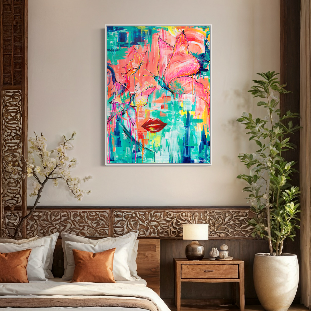 Add a splash of colour to any space with this modern abstract butterfly framed canvas print. A perfect addition to fill positivity in any space. Choose from framed or non-framed options for a touch of elegance. Displayed on a wall with wooden frame in a bedroom.
