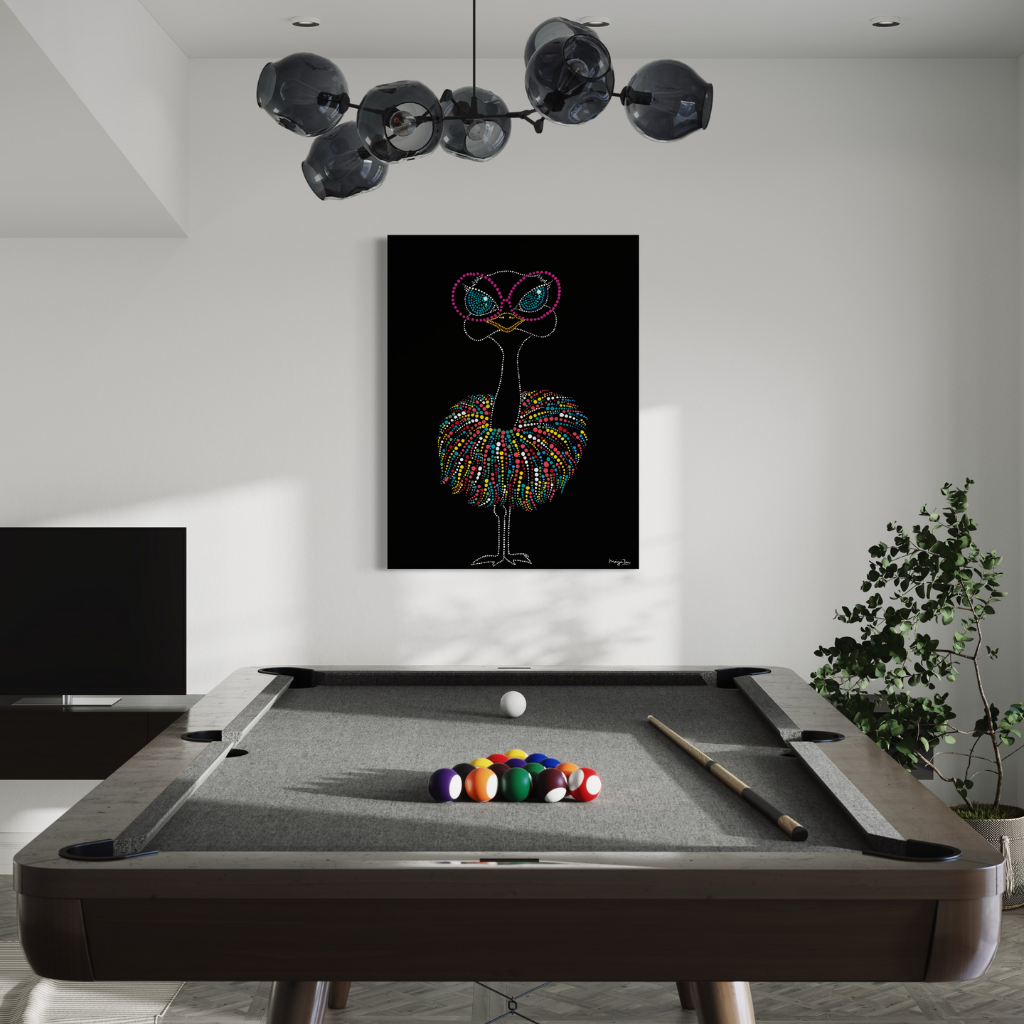 Add a splash of style and flamboyance to your home with this modern abstract ostrich framed canvas print. A colourful and vibrant ostrich painted with dotting technique. Displayed on a white wall with pool table.