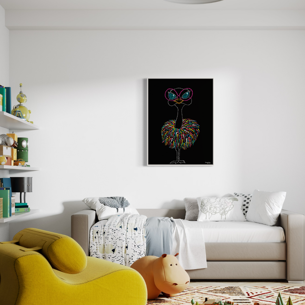 Add a splash of style and flamboyance to your home with this modern abstract ostrich framed canvas print. A colourful and vibrant ostrich painted with dotting technique. Displayed on a white wall with in the lounge with a yellow chair..