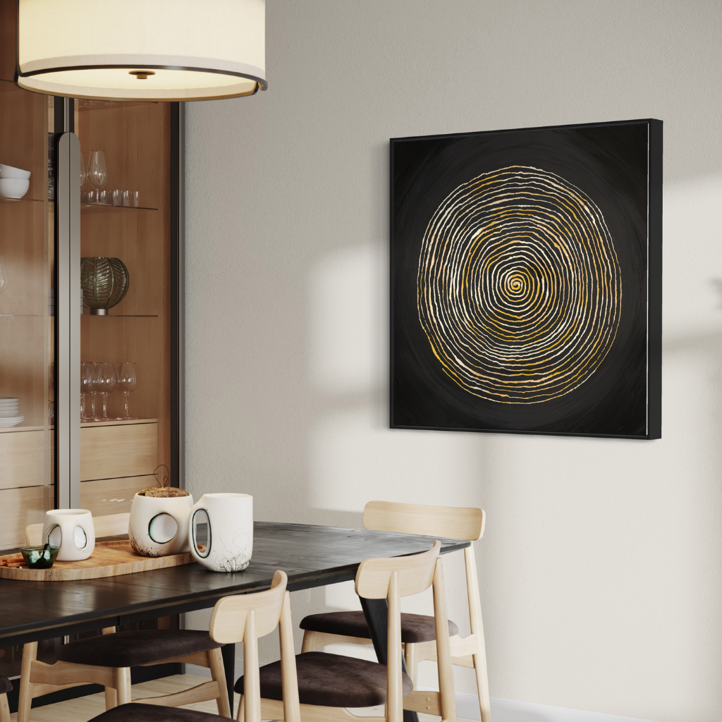 This striking painting features a captivating rustic spiral carving set against a deep black background. Inspired by nature, the contrast between the earthy, textured spiral and the serene black backdrop creates a captivating visual of harmony and introspection. This piece is sure to bring a soothing and meditative vibe to your space. hung in the dining area