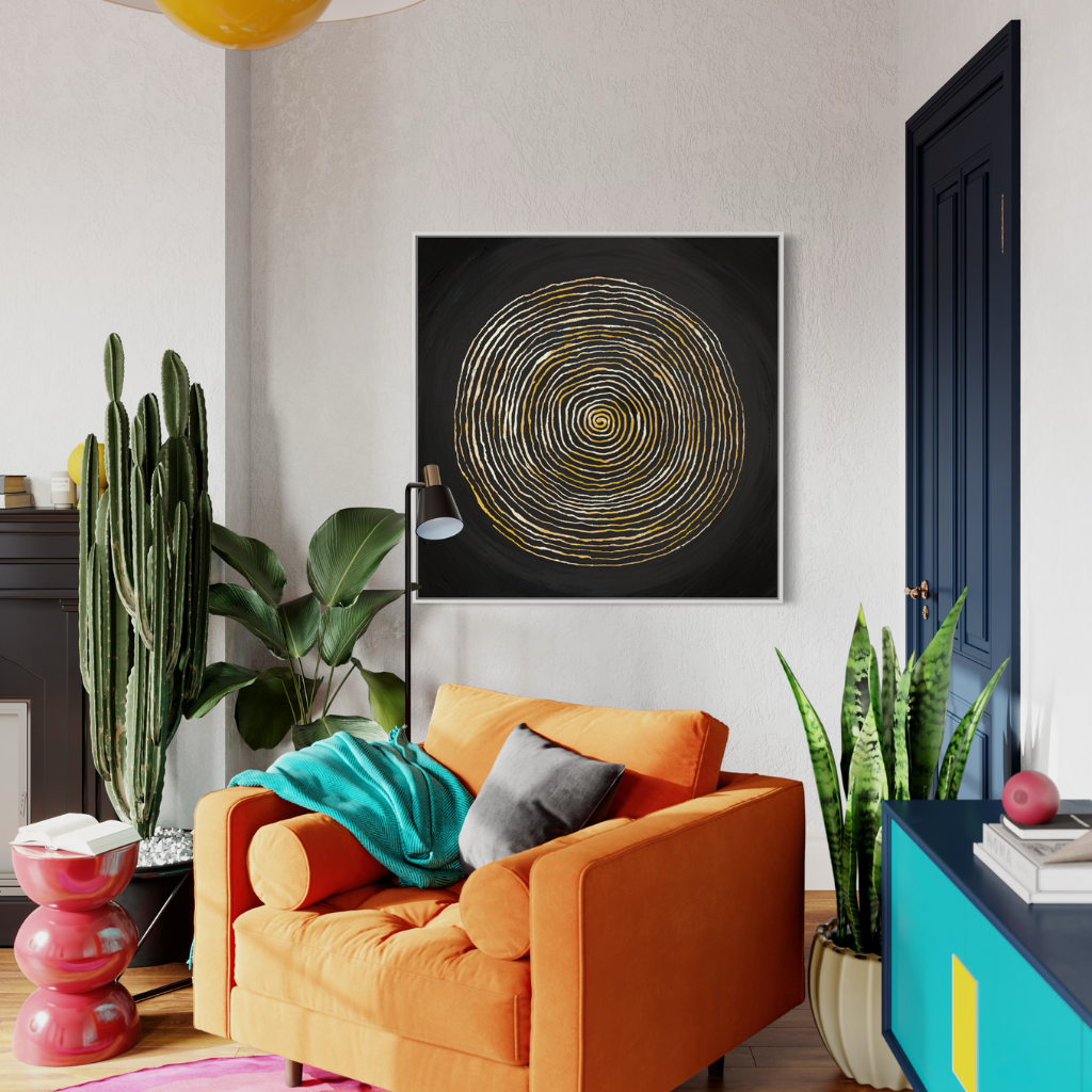 This striking painting features a captivating rustic spiral carving set against a deep black background. Inspired by nature, the contrast between the earthy, textured spiral and the serene black backdrop creates a captivating visual of harmony and introspection. This piece is sure to bring a soothing and meditative vibe to your space. On a white textured wall with an orange chair