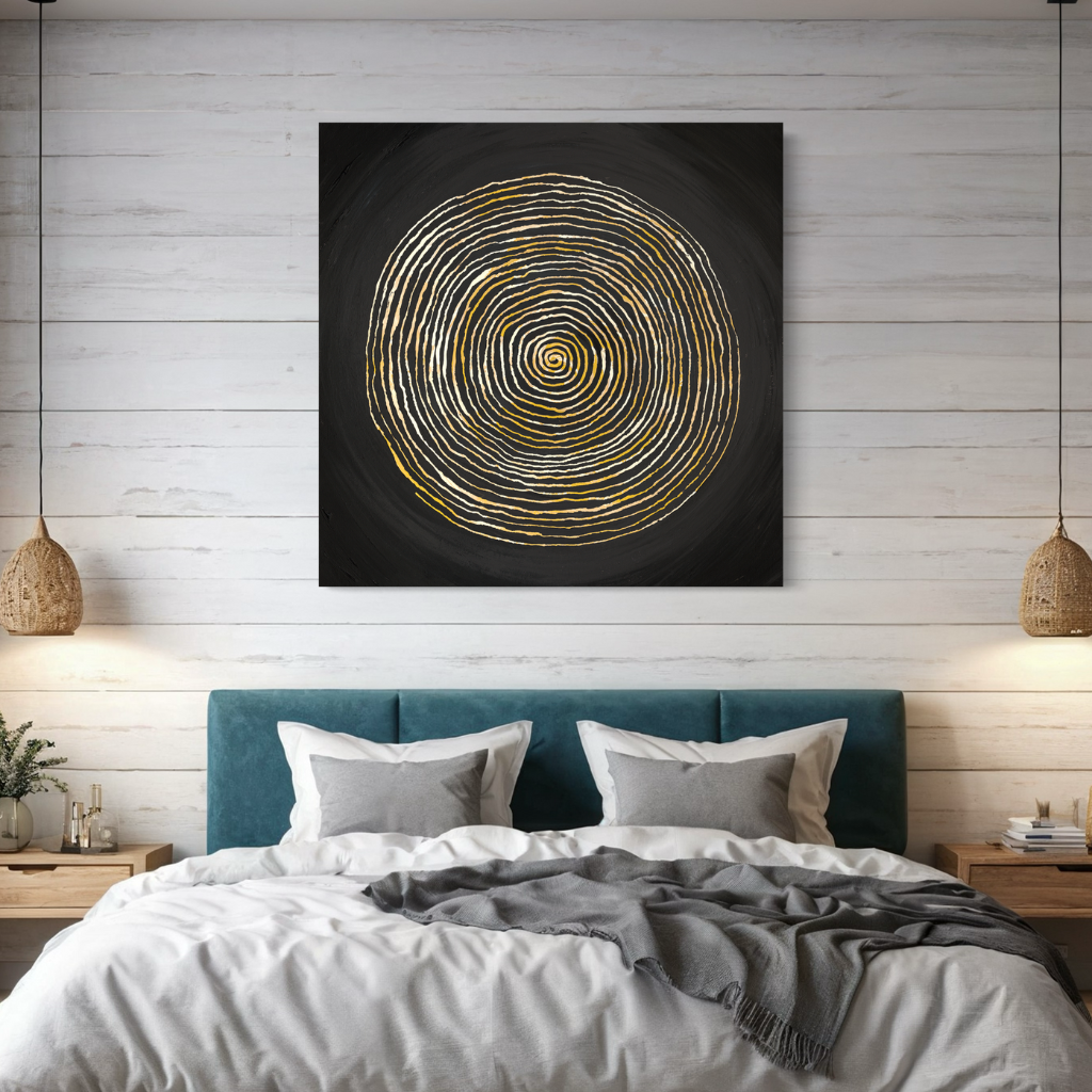 This striking painting features a captivating rustic spiral carving set against a deep black background. Inspired by nature, the contrast between the earthy, textured spiral and the serene black backdrop creates a captivating visual of harmony and introspection. This piece is sure to bring a soothing and meditative vibe to your space. located in your bedroom