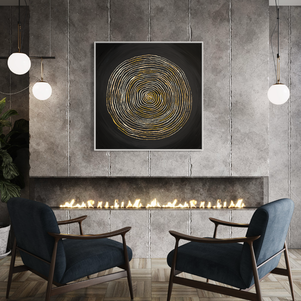 This striking painting features a captivating rustic spiral carving set against a deep black background. Inspired by nature, the contrast between the earthy, textured spiral and the serene black backdrop creates a captivating visual of harmony and introspection. This piece is sure to bring a soothing and meditative vibe to your space. located above a fireplace