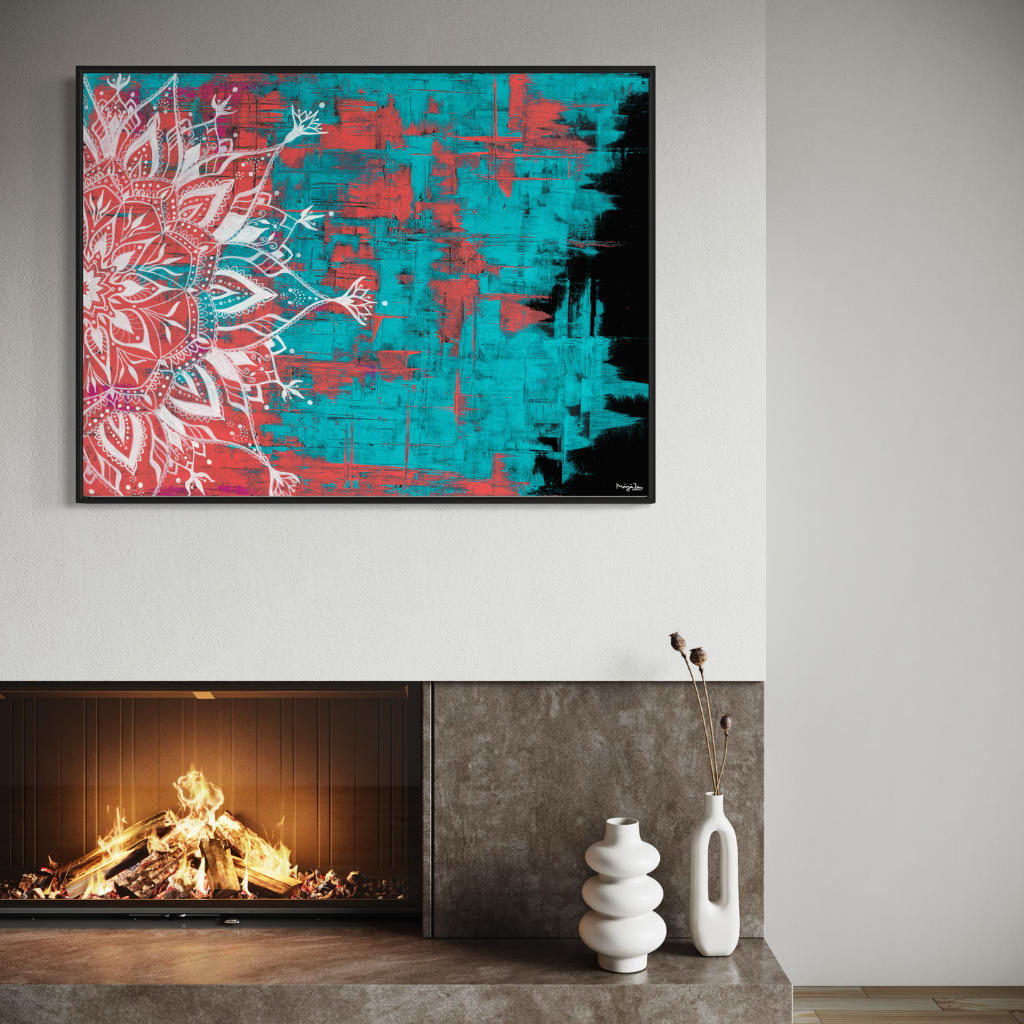 A captivating Mandala artwork that exudes elegance and allure. This exquisite piece is expertly crafted on a dramatic black background, with vibrant red and turquoise knife strokes adding a dynamic and eye-catching element to the design. Whether displayed in a frame or on its own, this Mandala artwork will elevate your decor with its striking colours and intricate design.