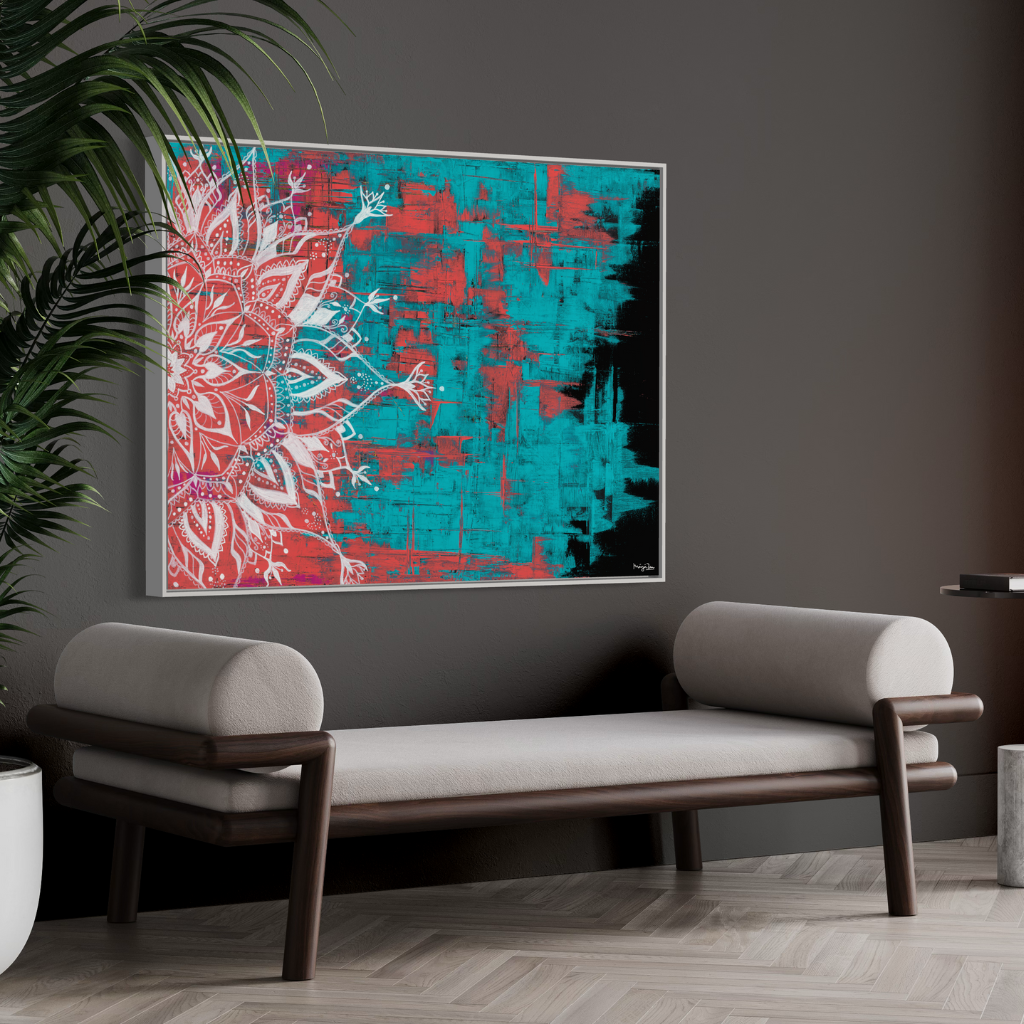 A captivating Mandala artwork that exudes elegance and allure. This exquisite piece is expertly crafted on a dramatic black background, with vibrant red and turquoise knife strokes adding a dynamic and eye-catching element to the design. Whether displayed in a frame or on its own, this Mandala artwork will elevate your decor with its striking colours and intricate design.
