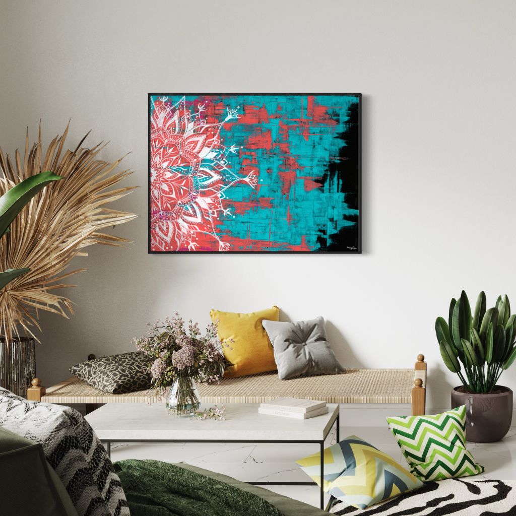A captivating Mandala artwork that exudes elegance and allure. This exquisite piece is expertly crafted on a dramatic black background, with vibrant red and turquoise knife strokes adding a dynamic and eye-catching element to the design. Whether displayed in a frame or on its own, this Mandala artwork will elevate your decor with its striking colours and intricate design.