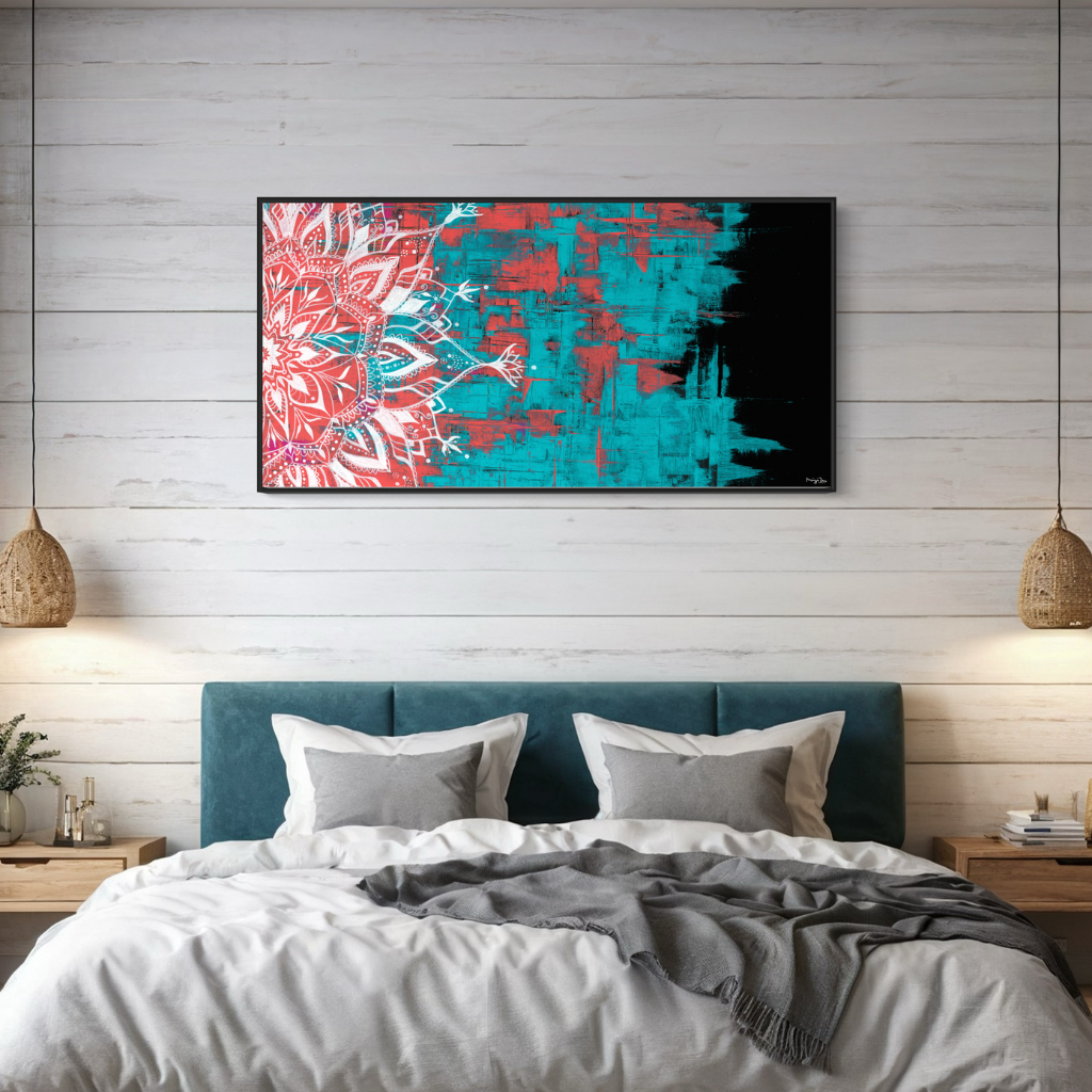 A captivating Mandala artwork that exudes elegance and allure. This exquisite piece is expertly crafted on a dramatic black background, with vibrant red and turquoise knife strokes adding a dynamic and eye-catching element to the design. Whether displayed in a frame or on its own, this Mandala artwork will elevate your decor with its striking colours and intricate design.