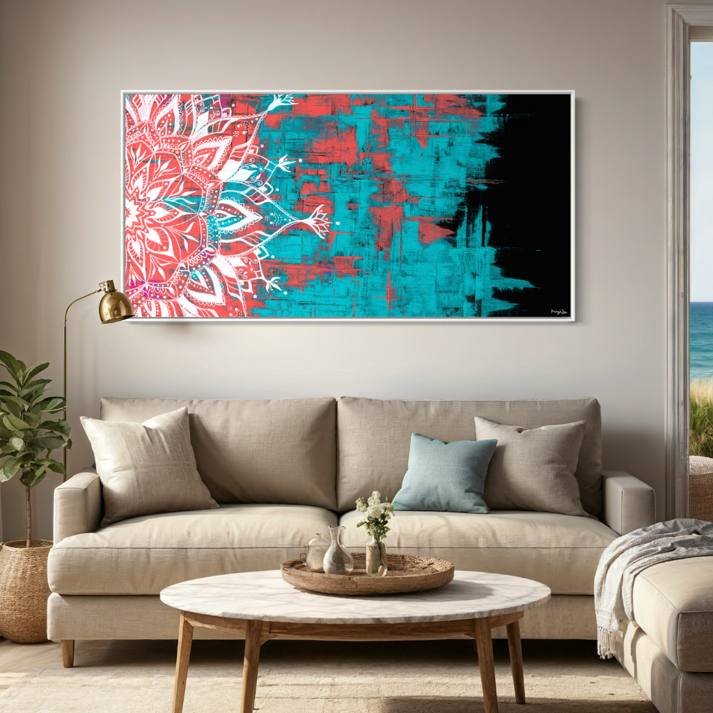 A captivating Mandala artwork that exudes elegance and allure. This exquisite piece is expertly crafted on a dramatic black background, with vibrant red and turquoise knife strokes adding a dynamic and eye-catching element to the design. Whether displayed in a frame or on its own, this Mandala artwork will elevate your decor with its striking colours and intricate design.
