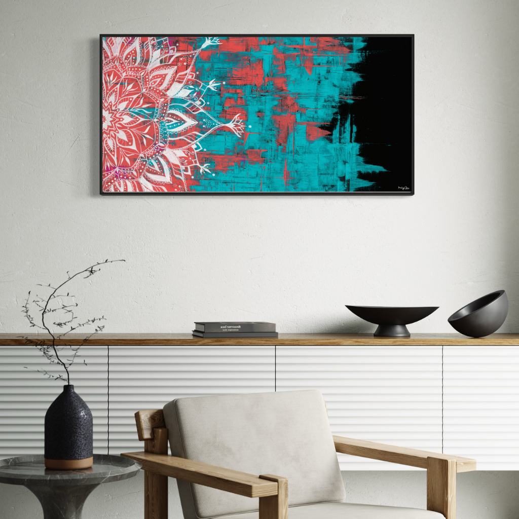 A captivating Mandala artwork that exudes elegance and allure. This exquisite piece is expertly crafted on a dramatic black background, with vibrant red and turquoise knife strokes adding a dynamic and eye-catching element to the design. Whether displayed in a frame or on its own, this Mandala artwork will elevate your decor with its striking colours and intricate design.