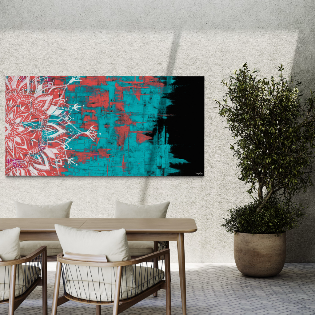 A captivating Mandala artwork that exudes elegance and allure. This exquisite piece is expertly crafted on a dramatic black background, with vibrant red and turquoise knife strokes adding a dynamic and eye-catching element to the design. Whether displayed in a frame or on its own, this Mandala artwork will elevate your decor with its striking colours and intricate design.