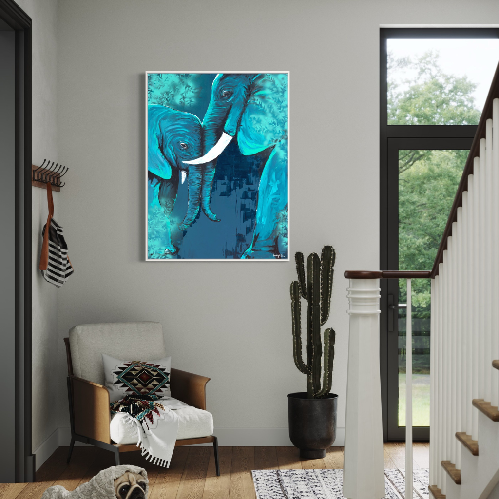 Bring home the feeling of peace, calm and love with this beautiful elephant artwork depicting a mother's unconditional love. Whether its your home, office or a creative space, this artwork will transform your space. Available in a wide variety of styles and sizes. Shipping Worldwide.