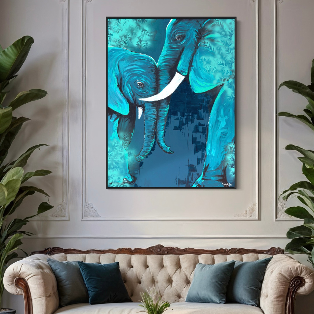 Bring home the feeling of peace, calm and love with this beautiful elephant artwork depicting a mother's unconditional love. Whether its your home, office or a creative space, this artwork will transform your space. Available in a wide variety of styles and sizes. Shipping Worldwide.