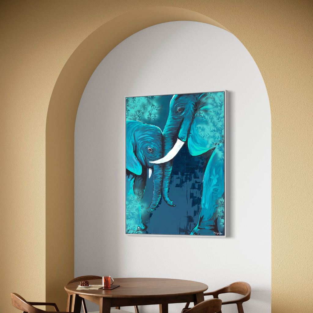 Bring home the feeling of peace, calm and love with this beautiful elephant artwork depicting a mother's unconditional love. Whether its your home, office or a creative space, this artwork will transform your space. Available in a wide variety of styles and sizes. Shipping Worldwide.