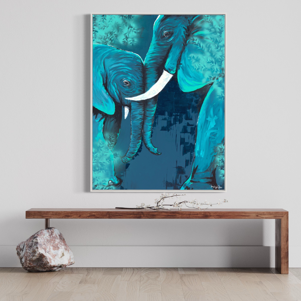 Bring home the feeling of peace, calm and love with this beautiful elephant artwork depicting a mother's unconditional love. Whether its your home, office or a creative space, this artwork will transform your space. Available in a wide variety of styles and sizes. Shipping Worldwide.