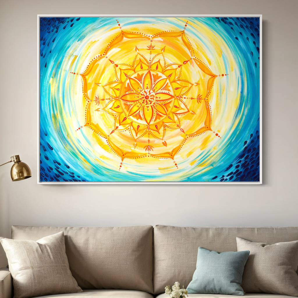 A captivating Mandala canvas print featuring a blend of cool blue raindrops with vibrant yellow and orange mandala. Handcrafted with precision and presented in a chic frame, this artwork adds elegance and tranquility to any space. Choose framed or non-framed options to suit your style and elevate your decor with harmony and sophistication. displayed n a beige wall with a linen couch