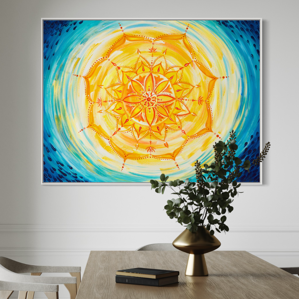 A captivating Mandala canvas print featuring a blend of cool blue raindrops with vibrant yellow and orange mandala. Handcrafted with precision and presented in a chic frame, this artwork adds elegance and tranquility to any space. Choose framed or non-framed options to suit your style and elevate your decor with harmony and sophistication. displayed in the dining area.
