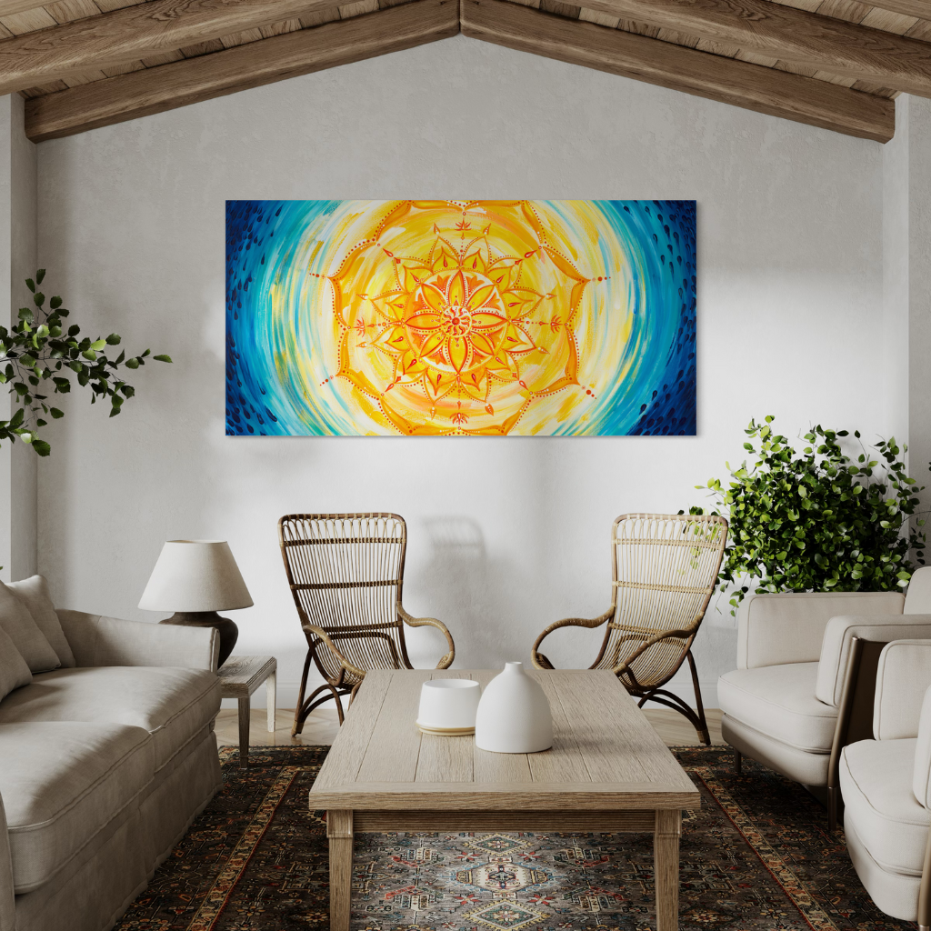 A captivating Mandala canvas print featuring a blend of cool blue raindrops with vibrant yellow and orange mandala. Handcrafted with precision and presented in a chic frame, this artwork adds elegance and tranquility to any space. Available in a panoramic view, framed or non-framed options to elevate your decor with harmony and sophistication. displayed in a rustic setting
