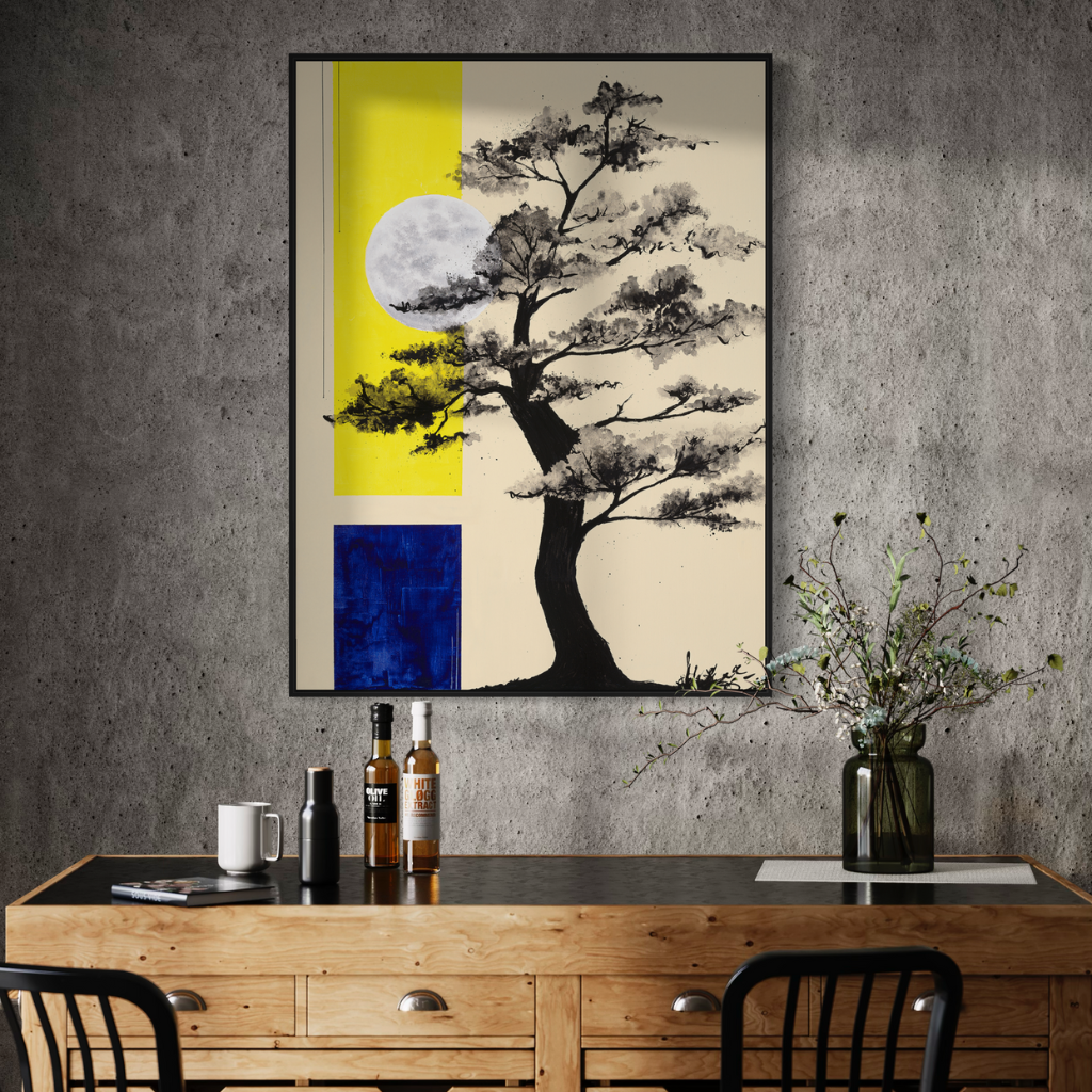 A delicate yet sophisticated painting by Māyā. It perfectly captures the essence of nature's tranquility and the enchanting allure of the night sky. The contrasting shades of yellow and blue form a captivating blend that is both soothing and energizing to the eyes.  A perfect addition to any home or office. Displayed on a grey wall with wooden and glass top side table