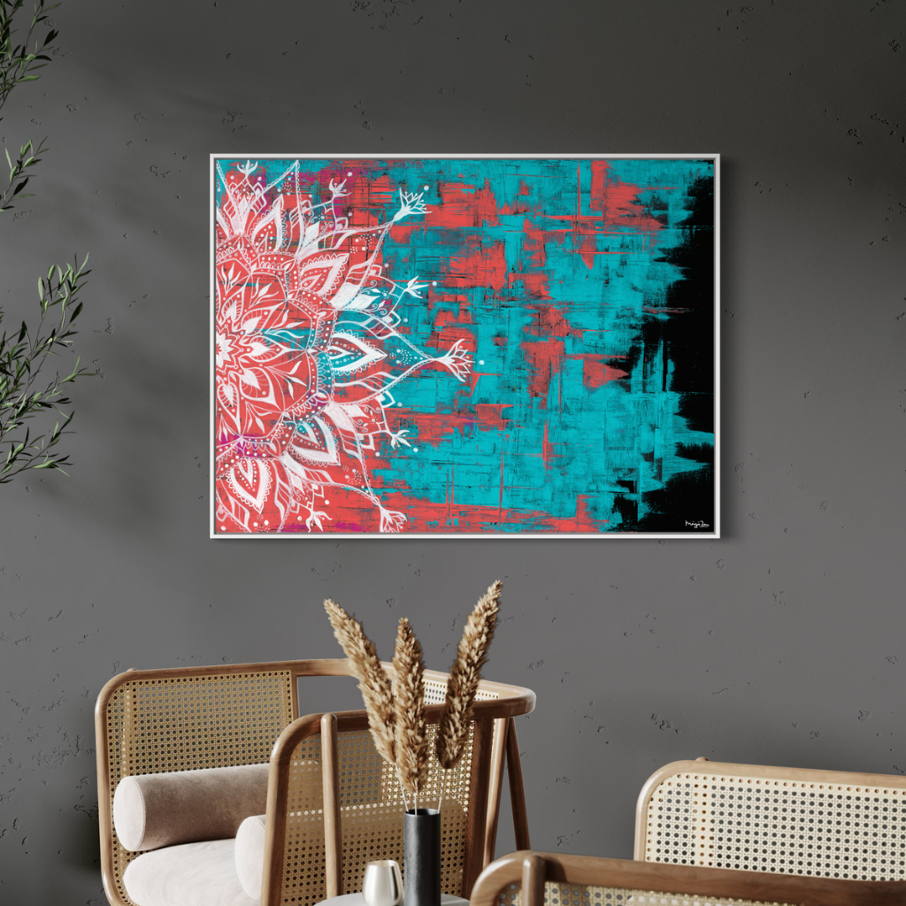 A captivating Mandala artwork that exudes elegance and allure. This exquisite piece is expertly crafted on a dramatic black background, with vibrant red and turquoise knife strokes adding a dynamic and eye-catching element to the design. Whether displayed in a frame or on its own, this Mandala artwork will elevate your decor with its striking colours and intricate design.